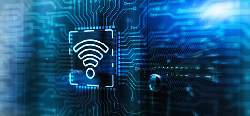 Wall Mural - Wireless internet connection on Electronic Circuit Board Chip