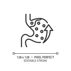 Wall Mural - 2D pixel perfect editable black acid reflux icon, isolated monochromatic vector, thin line illustration representing metabolic health.