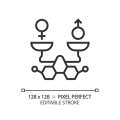 2D pixel perfect editable black molecules with male and female balance icon, isolated monochromatic vector, thin line illustration representing metabolic health.