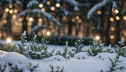 Illuminated Tree in Snowy Garden 