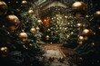 Forest of beautifully decorated Christmas trees, adorned with twinkling lights and shimmering ornaments. Generative AI