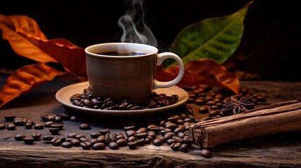 Wall Mural - hot coffee and coffee beans in background with leaves, in the style of distressed and weathered surfaces, background image, AI generated