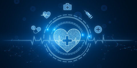 Wall Mural - Creative glowing bright medical heart interface on blurry blue background. Innovation and cardiology concept. 3D Rendering.