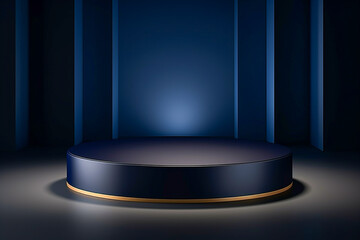 Empty blue and gold modern round cylinder podium background.  Product presentation concept. Mockup template for cosmetic and jewelry display. AI generative.