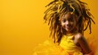 Experiencing a moment of sheer delight, this African American beauty with charming dreadlocks and a carnival costume smiles and poses for a photo.