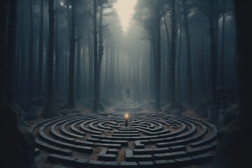 Sticker - A maze in the woods with a light in the middle, AI