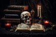 The Necronomicon, an infamous book, lies next to a flickering candle and a human skull on a stone altar shrouded in mist