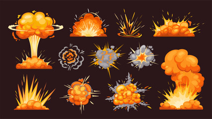 cartoon explosions. comic explosive detonation, game bomb blast, explose animation, explode cloud ef