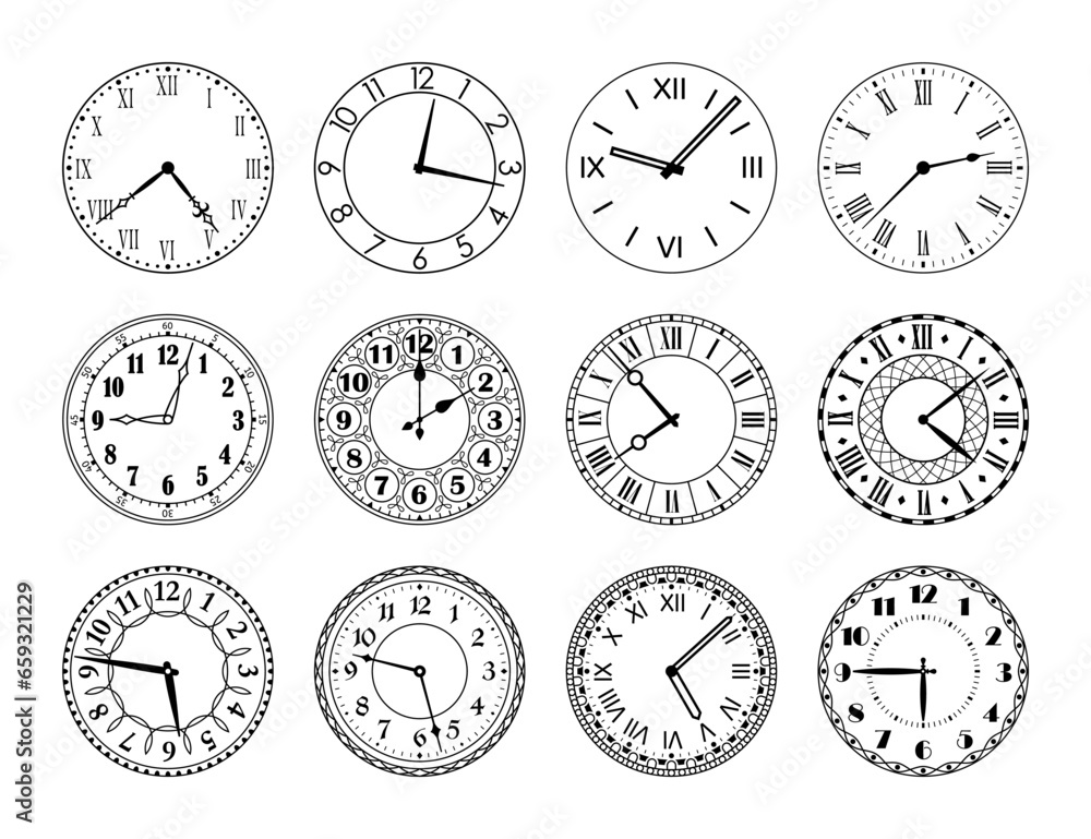Clock Rang Element Drawing Vintage clock face. Antique classic round clocks with arabic and roman ...