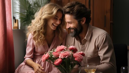 Wall Mural -  Couple on Valentine's Day. Man giving woman flowers on Valentine's Day. Man and woman celebrating Valentine's Day together. Couple Wedding Photography