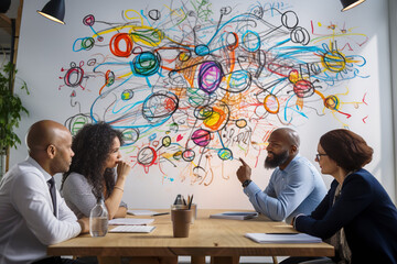 Sticker -  A group of enthusiastic team members engaged in a high-energy brainstorming session around a whiteboard, generating creative solutions.