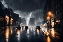Rain-drenched Streets In A City During A Violent Thunderstorm, Lit Up By Lightning.