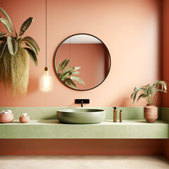 Green round vessel sink on wall mounted stone countertop near pink coral wall. Memphis, minimalist style interior design of modern bathroom.