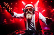 Crazy Santa Claus dj with headset, dance at Christmas party with disco background. Generative Ai