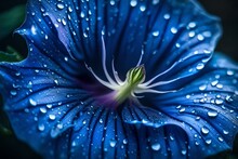 A Close-up Of A Dew-kissed Morning Glory Blossom, Its Deep Blue Petals Unfurling In The Early Light Of Dawn.