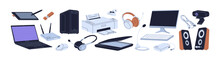 Computer Accessories Set. PC Equipment, Devices. Keyboard, Mouse, Headset And Headphones, Microphone, Router, Scanner And Printer Gadgets. Flat Vector Illustrations Isolated On White Background