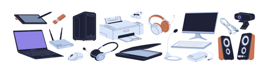 Computer accessories set. PC equipment, devices. Keyboard, mouse, headset and headphones, microphone, router, scanner and printer gadgets. Flat vector illustrations isolated on white background