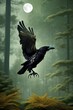 Halloween background. Black raven Spooky cloudy sky with moon and trees