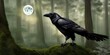 Raven sitting on a branch dark forest moon background