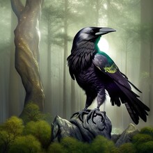 Illustration Of Night Raven On A Trees Background And Full Moon. Tinted Green