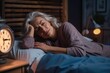 Tired middle aged woman lying in bed can't sleep late morning with insomnia. AI Generated