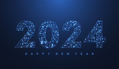 Fototapete - Modern futuristic technology template banner or cover for Merry Christmas and Happy New Year 2024 with connected lines and dots. Plexus geometric effect. Global network connection. Vector illustration