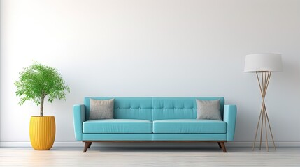 Aufkleber - Living room wall mockup in bright tones with have sofa and lamp with white wall background.3d rendering