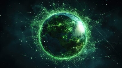 Fototapete - Virtual planet Earth with particles and lines. Network connection big data. Abstract technology green background. 3D rendering.