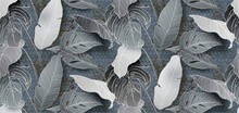 Close Up Of Blue And White Feathers Seamless Watercolor Floral Pattern - Pink Blush Flowers Elements, Green Leaves Branches On Dark Black Background; For Wrappers, Wallpapers, Postcards, Greeting Card