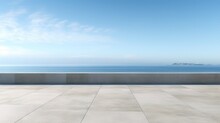 Empty Concrete Floor And Gray Wall. 3d Rendering Of Sea View Plaza With Clear Sky Background.