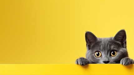 Poster - A cute gray cat on a yellow background, peeking out. A blank, copy space.