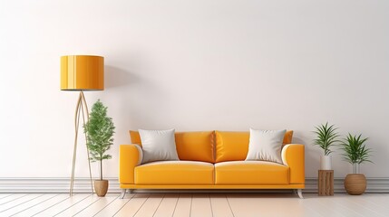 Aufkleber - Living room wall mockup in bright tones with have sofa and lamp with white wall background.3d rendering