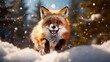 Red Fox jumping, Vulpes vulpes, wildlife scene from Europe. Orange fur coat animal hunting in the nature habitat. Fox jump on the green forest meadow with first snow. Wildlife scene from nature.