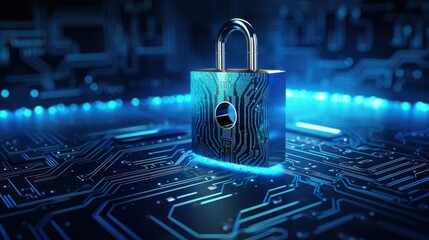 Aufkleber - Cyber security concept blue background - padlock on blue computer motherboard circuit board