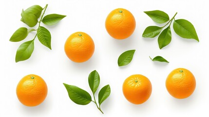 Wall Mural - Flat lay (top view) of Fresh orange fruit with sliced and green leaves isolated on white background.