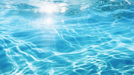 Poster - Clear water surface with ripple wave splashes and drops in swimming pool. Abstract turquoise or blue texture water wave and sunlight shadow reflections for background