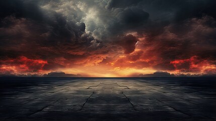 Canvas Print - Dark Dramatic Sky Horizon Epic Sunset Clouds Landscape with Black Asphalt Floor