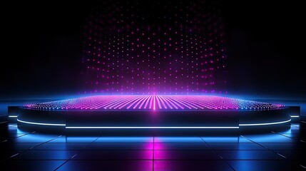 Sticker - 3d render, abstract background, screen pixels, glowing dots, neon lights, virtual reality, ultraviolet spectrum, pink blue vibrant colors, catwalk fashion podium, laser show, stage, isolated on black