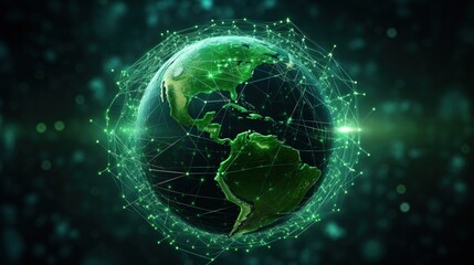 Fototapete - Virtual planet Earth with particles and lines. Network connection big data. Abstract technology green background. 3D rendering.