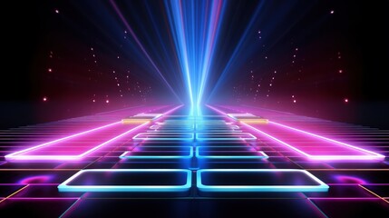 Aufkleber - 3d render, abstract background, screen pixels, glowing dots, neon lights, virtual reality, ultraviolet spectrum, pink blue vibrant colors, catwalk fashion podium, laser show, stage, isolated on black