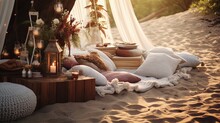 Luxuary Setup Picnic In Boho Style On A Beach, Park. Bachelorette Party, Birthday Celebration Outdoors, Wedding.