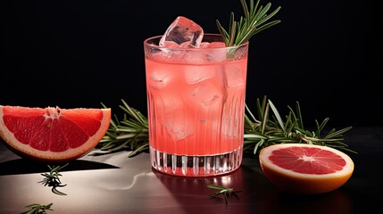 Canvas Print - Refreshing grapefruit cocktail with ice and rosemary on a grey background.