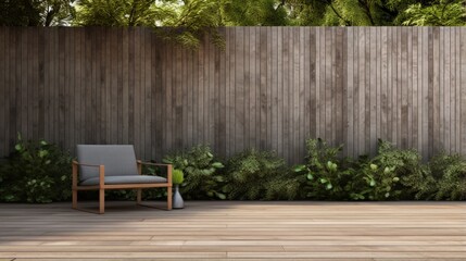 Wall Mural - Minimal style wooden terrace with green lawn 3d render,There are empty wood plank wall,decorate with modern gray chair.