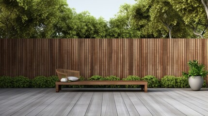 Aufkleber - Minimal style wooden terrace with green lawn 3d render,There are empty wood plank wall,decorate with modern gray chair.