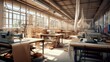 © HN Works - Interior of garment factory . Closes making atelier with several sewing machines. Tailoring industry, fashion designer workshop, industry concept