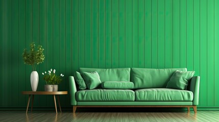 Aufkleber - Green sofa with table on green wall and wooden flooring.3d rendering
