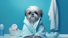 Shih Tzu Dog After Washing. With Bathrobe, Towels And Comb. Soft Blue Background Tint.