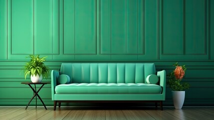 Aufkleber - Green sofa with table on green wall and wooden flooring.3d rendering