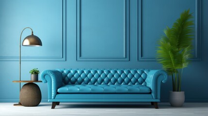Aufkleber - Loft and vintage interior of living room, Blue sofa on white flooring and blue wall ,3d rendering