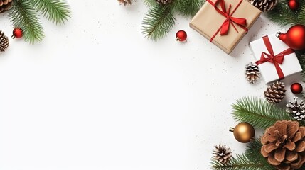 Leinwandbilder - Christmas composition. Frame made of christmas gifts, pine branches, toys on white background. Flat lay, top view, copy space